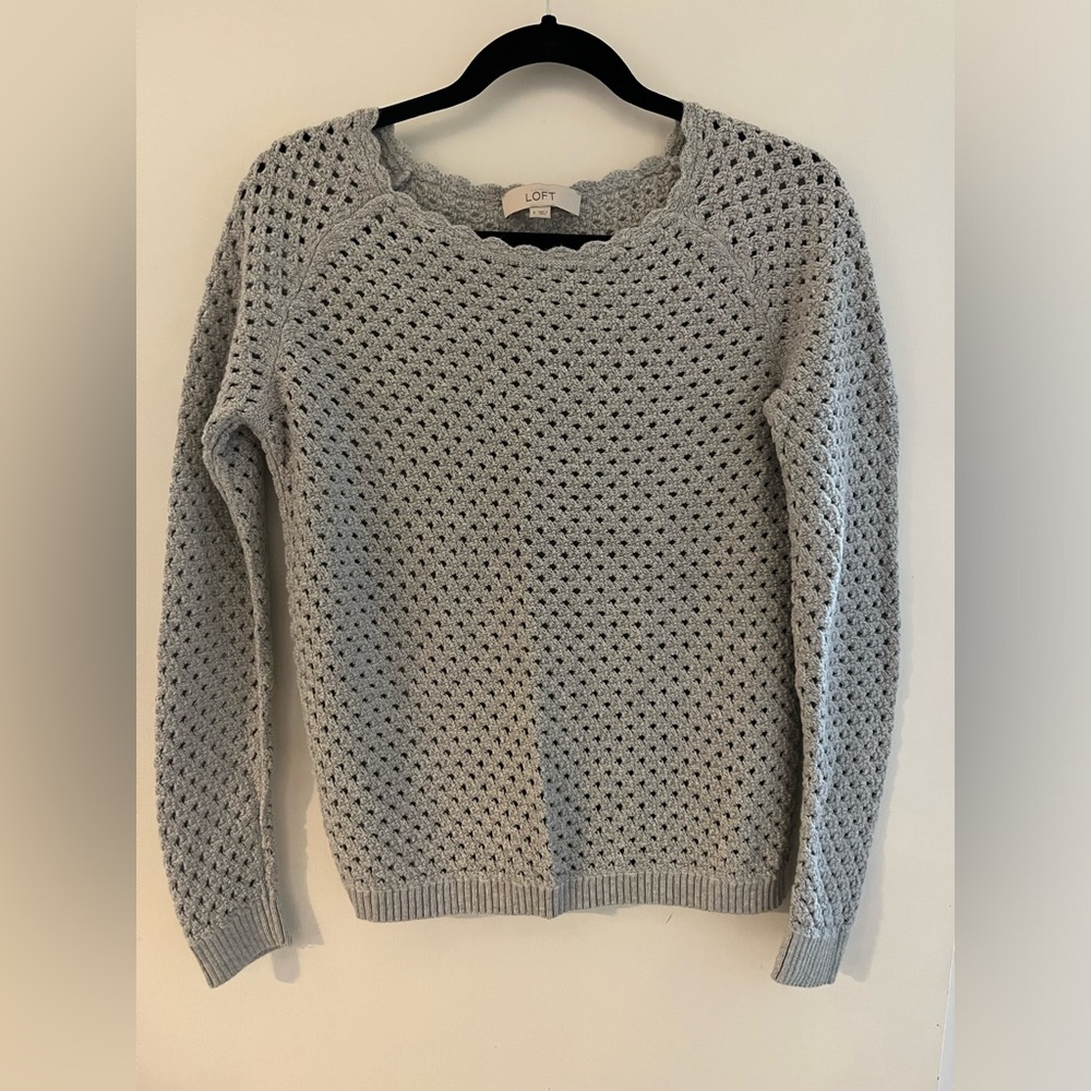Grey scalloped collar sweater with knit patterned holes